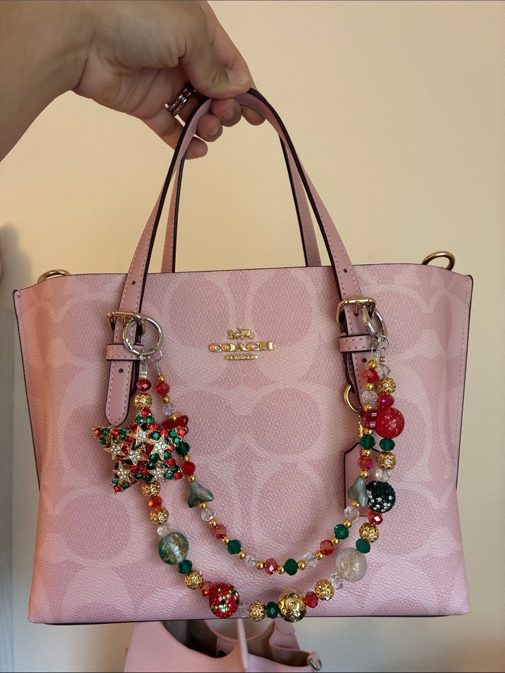 Hand Crafted Red & Green Beaded Necklace with Gold Star Charms